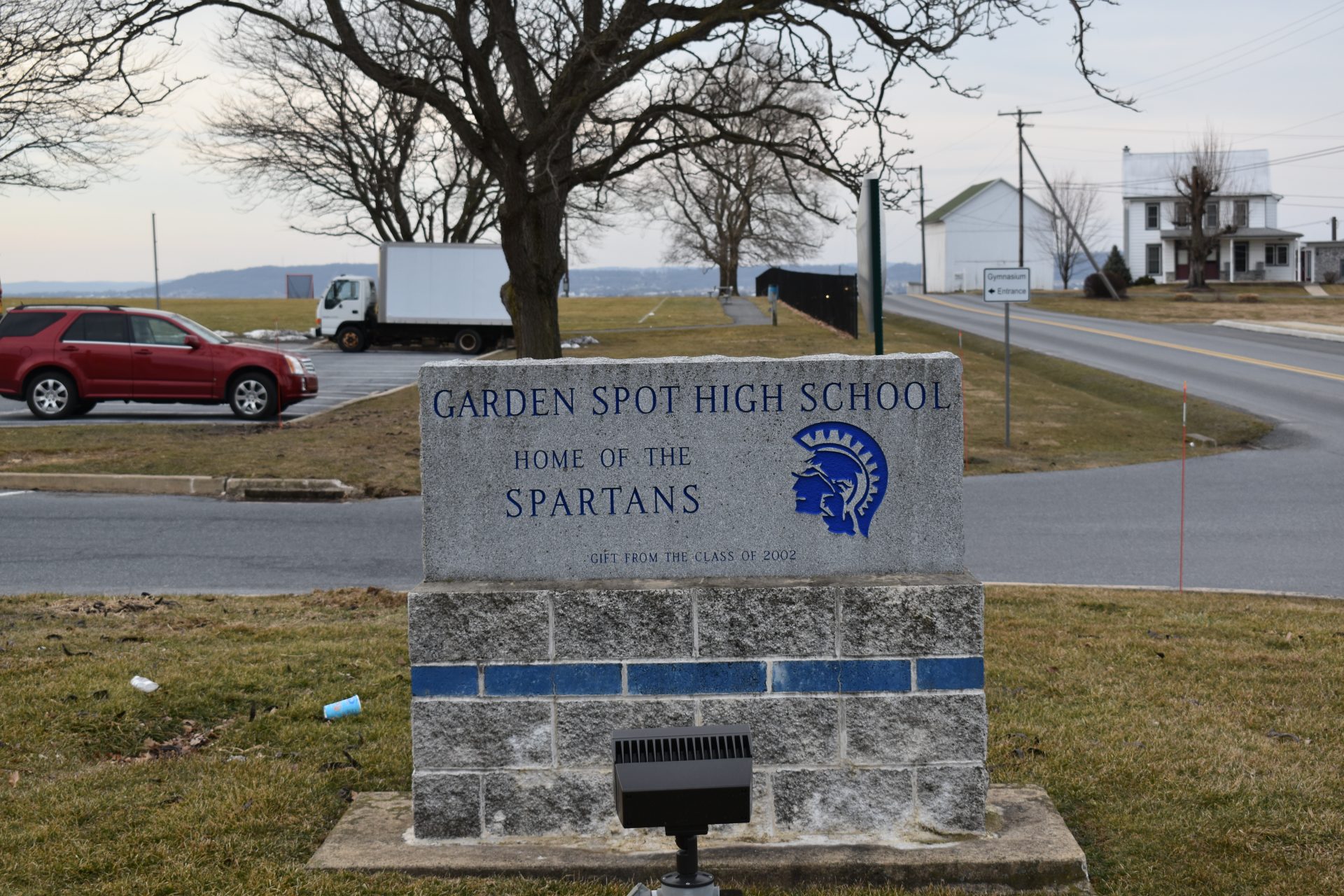 An entrance to Garden Spot High School is seen on March 14, 2019.