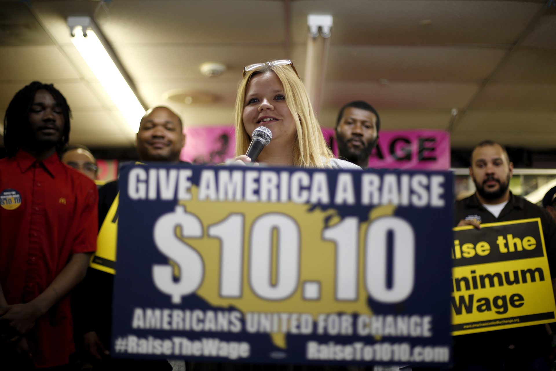 In this April 2014 photo, Amy Jennewein speaks during a rally in support of raising the minimum wage in Missouri. An increase passed as a ballot initiative in 2018.