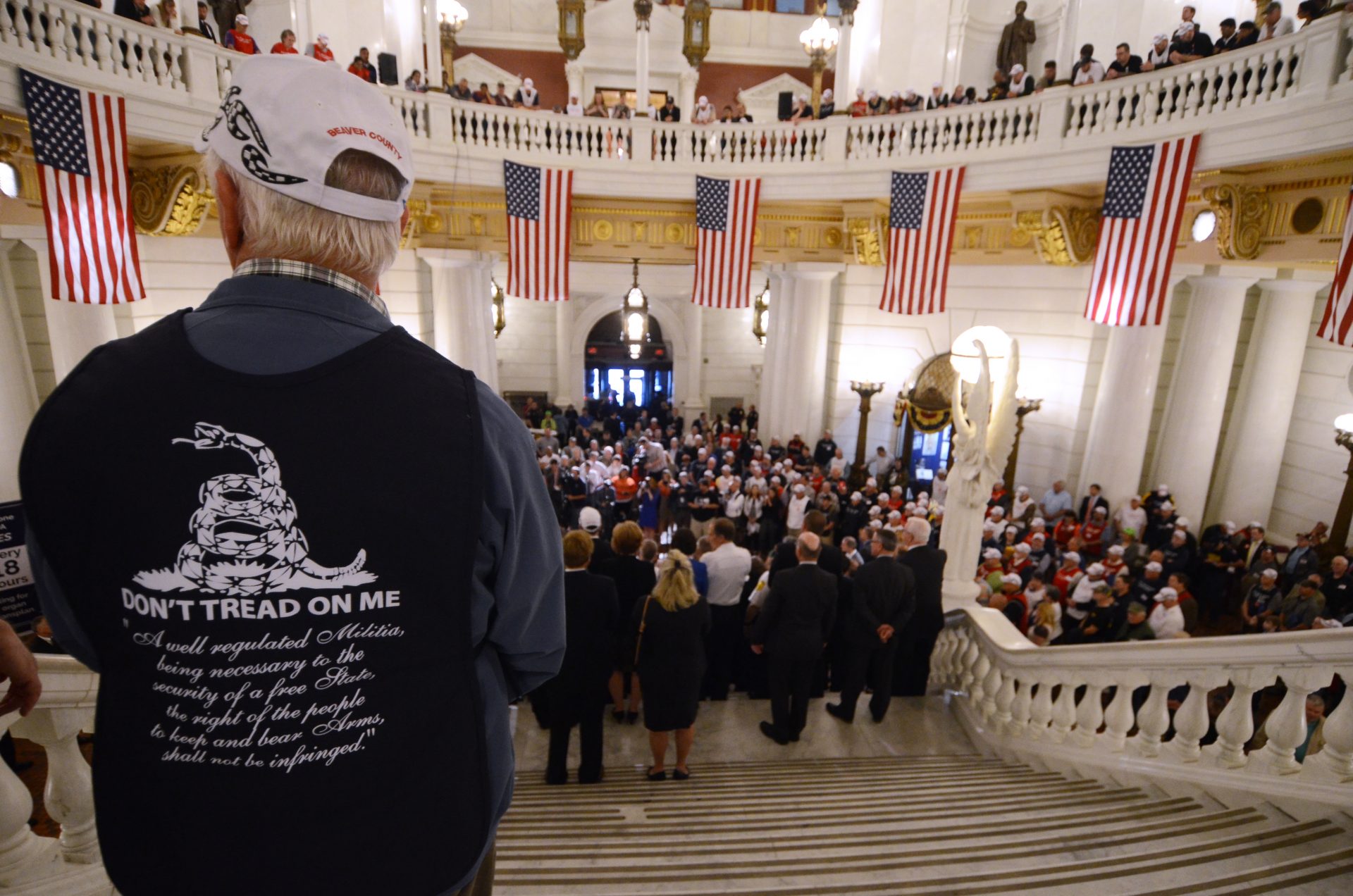 Supporters of gun rights crowd the Capitol rotunda in Harrisburg, Pa., in 2017.