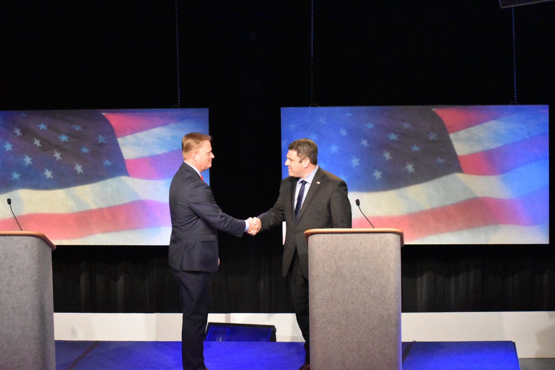 Republican Fred Keller, left, shakes hands with Democrat Marc Friedenberg ahead of a debate for Pennsylvania's 12th congressional district on May 2, 2019.