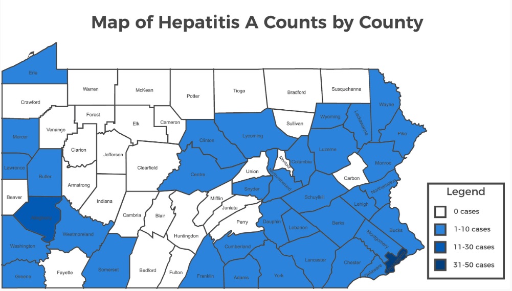 Philadelphia and Pittsburgh have the most hepatitis A cases, but some other counties appear to have higher rates.