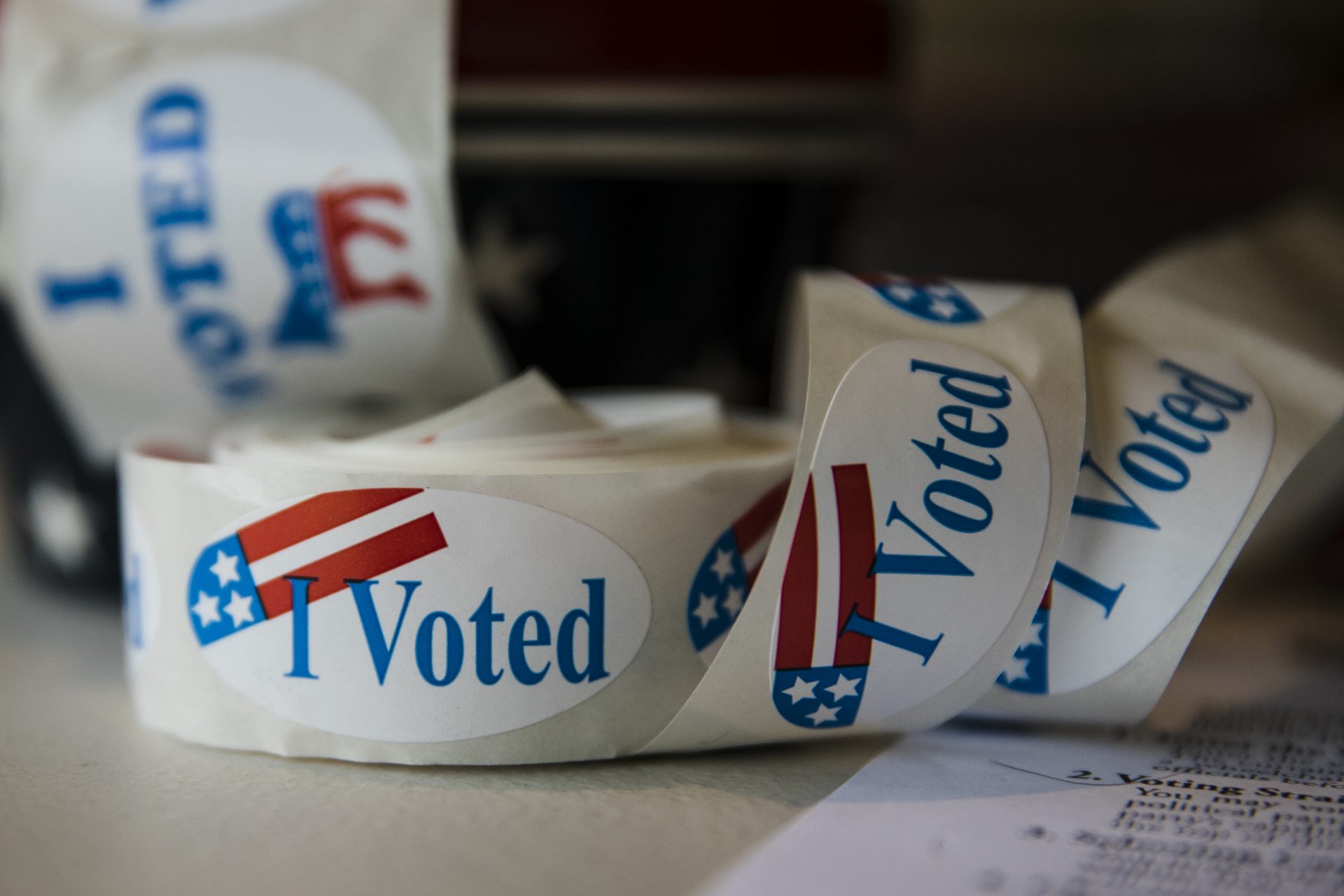 Stickers are placed out for voters at a polling place in Buckingham, Pa., Tuesday, Nov. 6, 2018.