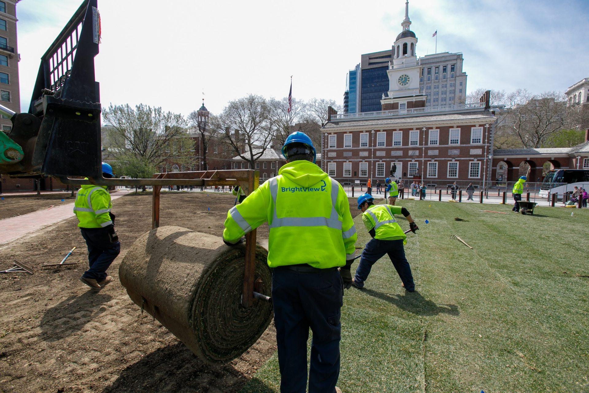 BrightView landscapers work on Independence Mall. Brightview has been the largest employer of H2B guest workers in the country for the last several years.