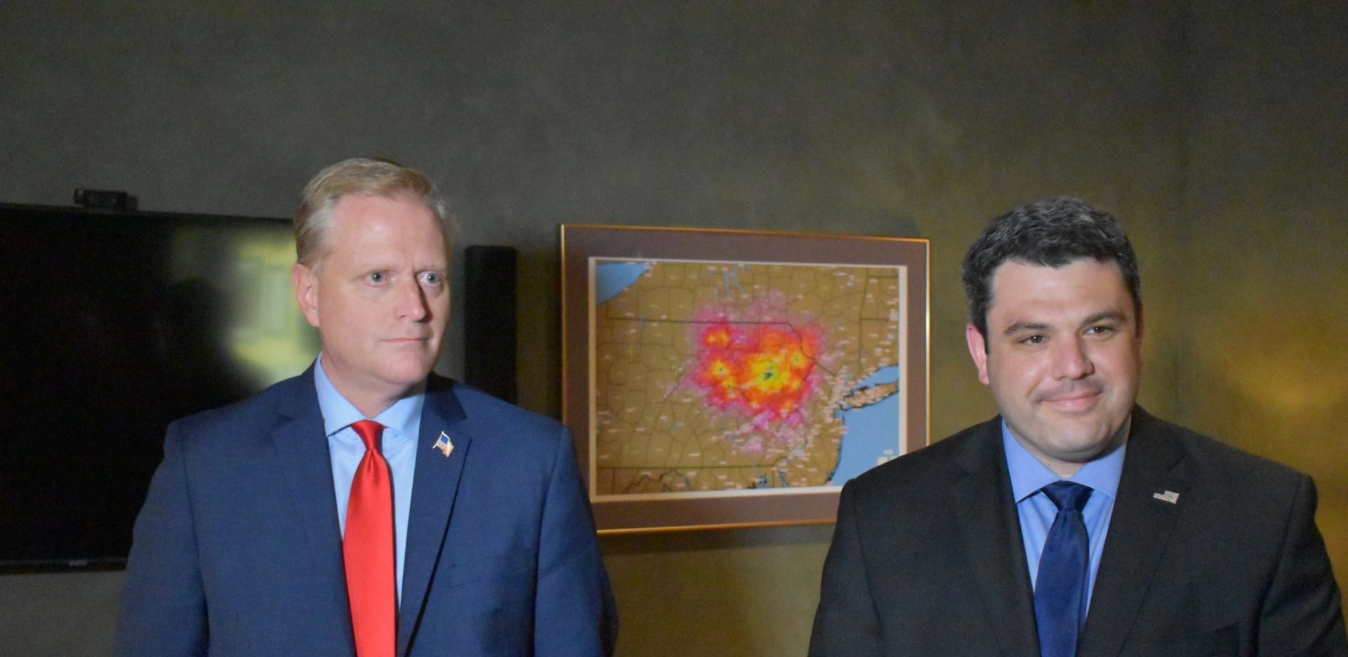 Republican Fred Keller and Democrat Marc Friedenberg meet for a coin toss ahead of the May 2, 2019, debate for the Pennsylvania 12th congressional district.