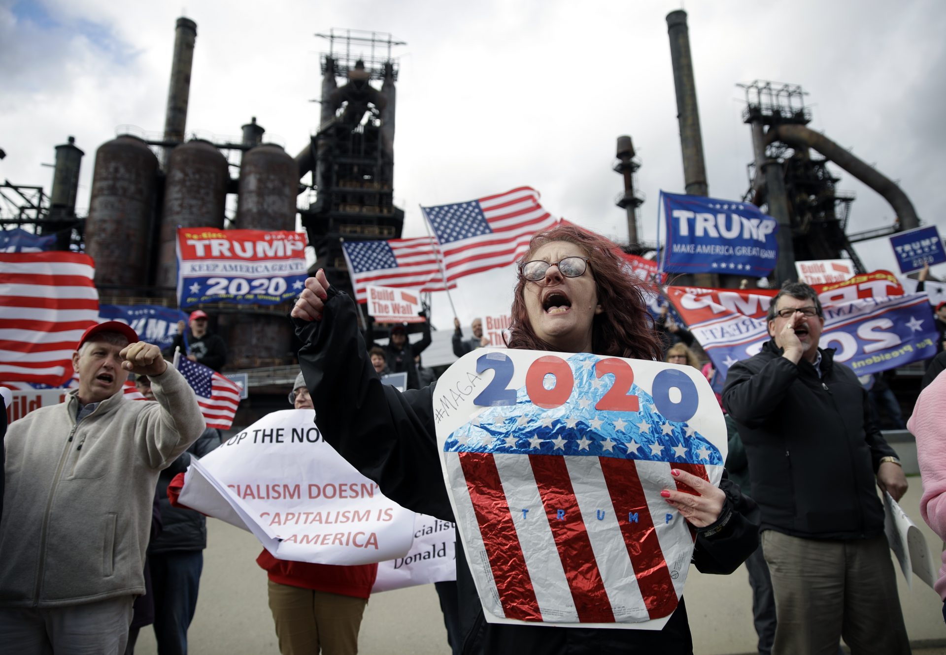 Protesters demonstrate in support of President Donald Trump near a Fox News town-hall style event with U.S. Sen. Bernie Sanders in April in Bethlehem, Pa. The city is split between Lehigh and Northampton counties.
