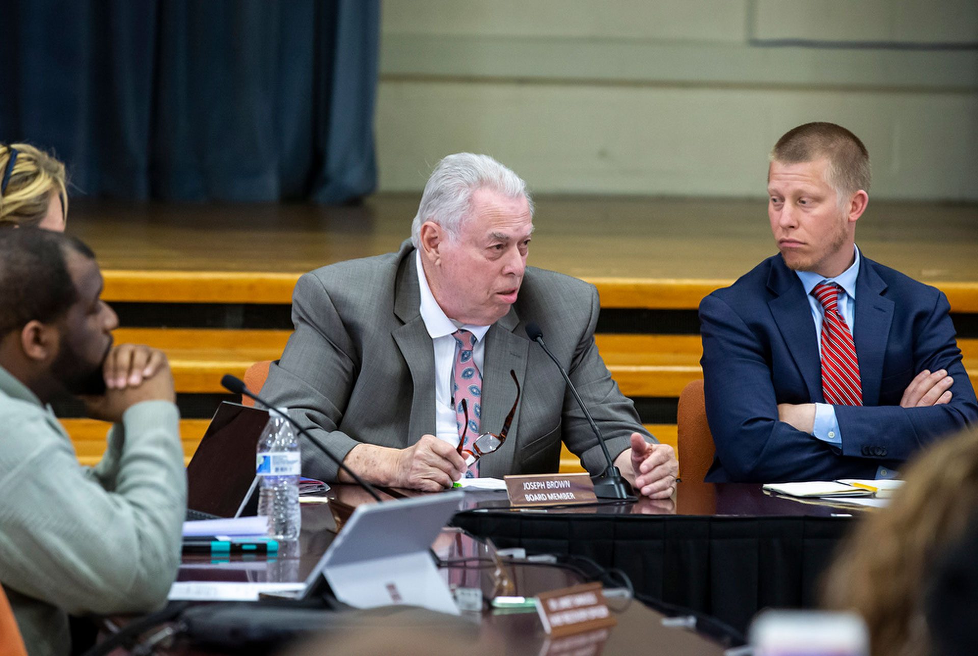 Harrisburg School District Board directors Joseph Brown and Judd Pittman during a special meeting to vote on hiring in-house solicitor James Ellison, Monday, April 22, 2019.