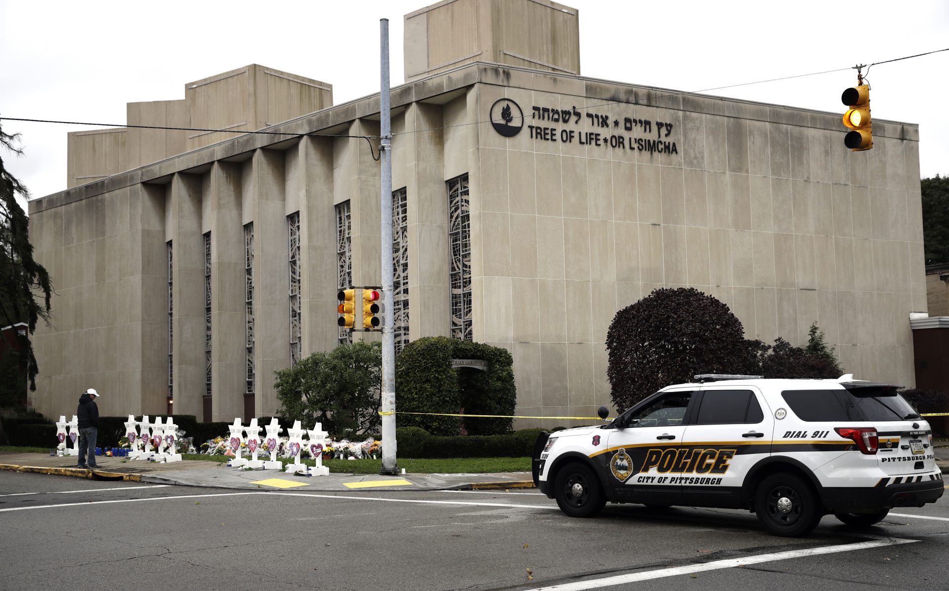 A police vehicle is posted near the Tree of Life/Or L'Simcha Synagogue in Pittsburgh, Monday, Oct. 29, 2018. The U.S. attorney's office in Pittsburgh filed a notice of intent Monday to seek the death penalty against Robert Bowers in the October 2018 attack.