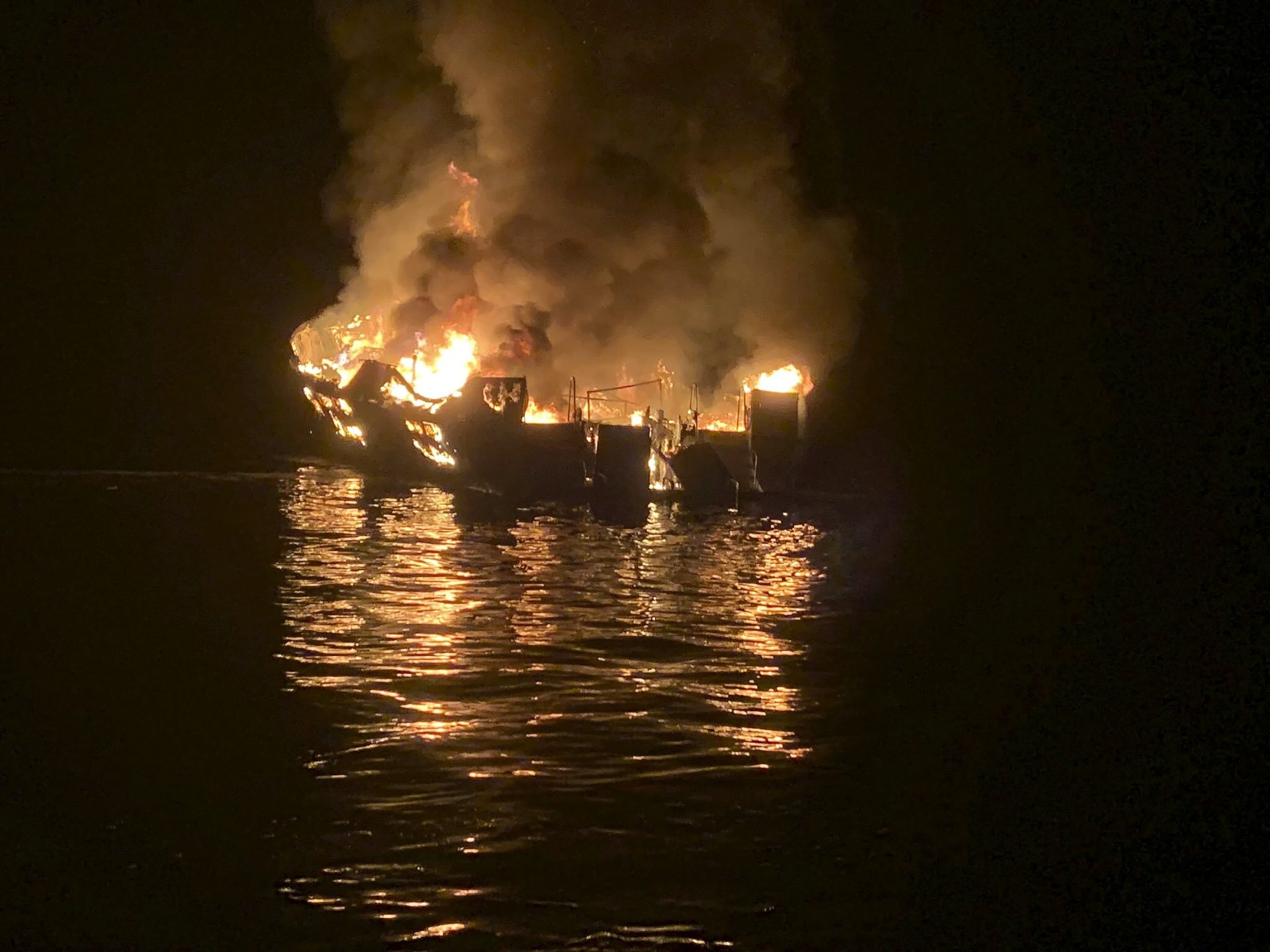 In this photo provided by the Santa Barbara County Fire Department, a dive boat is engulfed in flames after a deadly fire broke out aboard the commercial scuba diving vessel off the Southern California Coast, Monday morning, Sept. 2, 2019. 