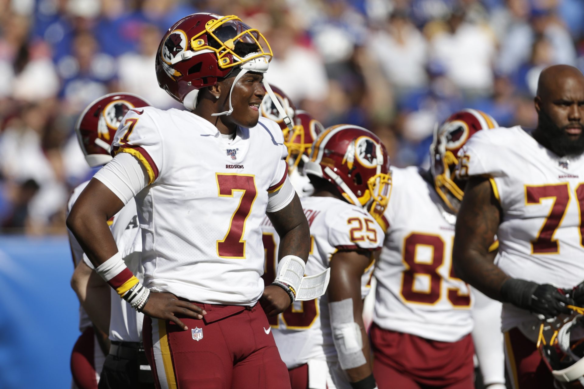 Washington Redskins quarterback Dwayne Haskins watches a play on the field during the second half of an NFL football game against the New York Giants, Sunday, Sept. 29, 2019, in East Rutherford, N.J.