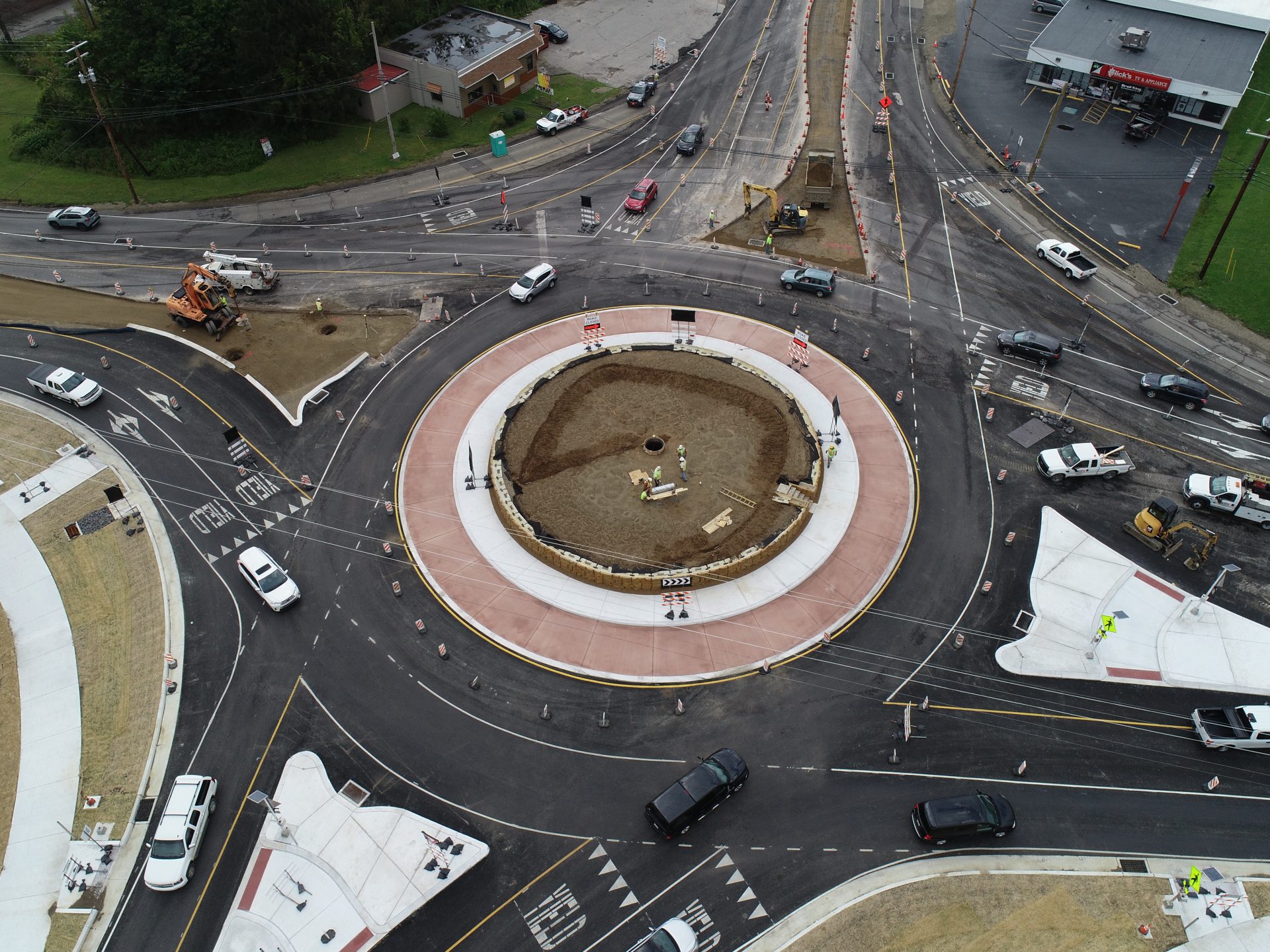 The intersection of Routes 6/322, 19, and 98 (Big I) in Vernon Township, Crawford County is now operating as a single-lane roundabout as construction continues on the multi-lane roundabout being built there.