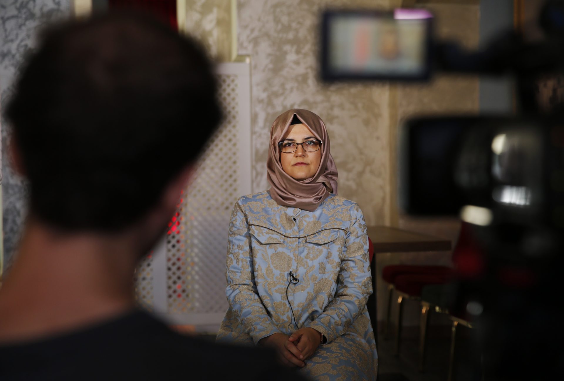 Hatice Cengiz, the fiancee of slain Saudi journalist Jamal Kashoggi talks to The Associated Press in Istanbul, Tuesday, Oct. 1, 2019. Speaking on the eve of the anniversary of his death, Cengiz said she feels apprehensive about returning to the site where he was killed for a commemorative ceremony but takes strength from the fact that she will not be alone. Cengiz said: "Last year, I waited for Jamal alone. This year the whole world will be waiting with me for Jamal, and for justice for Jamal''.