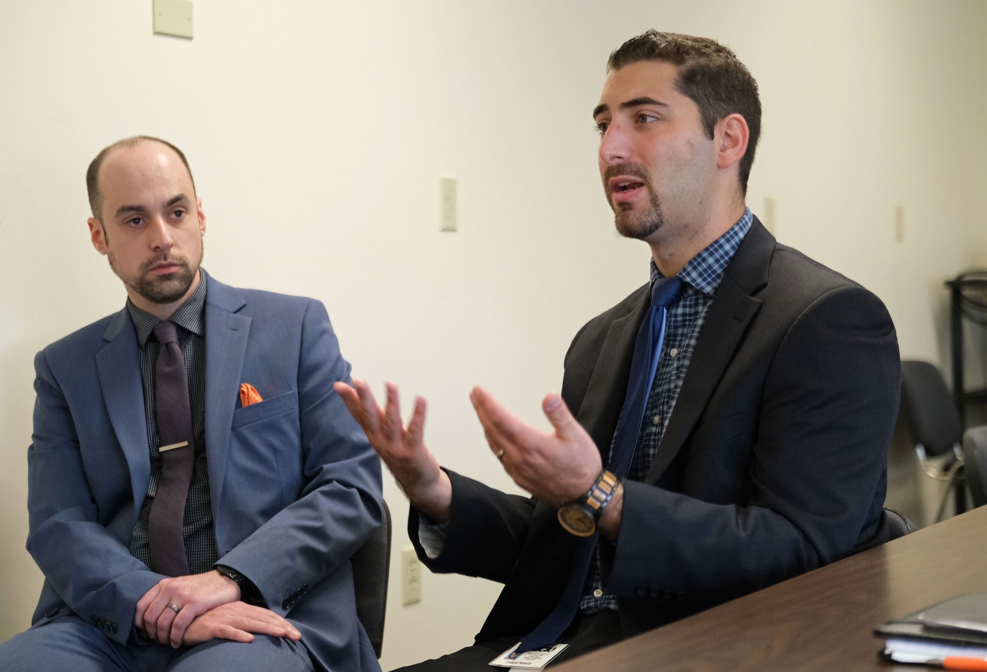 Scott Hand, left, Director of Educational Technology in the Kutztown Area School District, and Charlie Trovato, right, Regional Coordinator with BCIU Office of Professional Development and Curriculum, speak on Sept. 26, 2019, about the PAsmart grants.