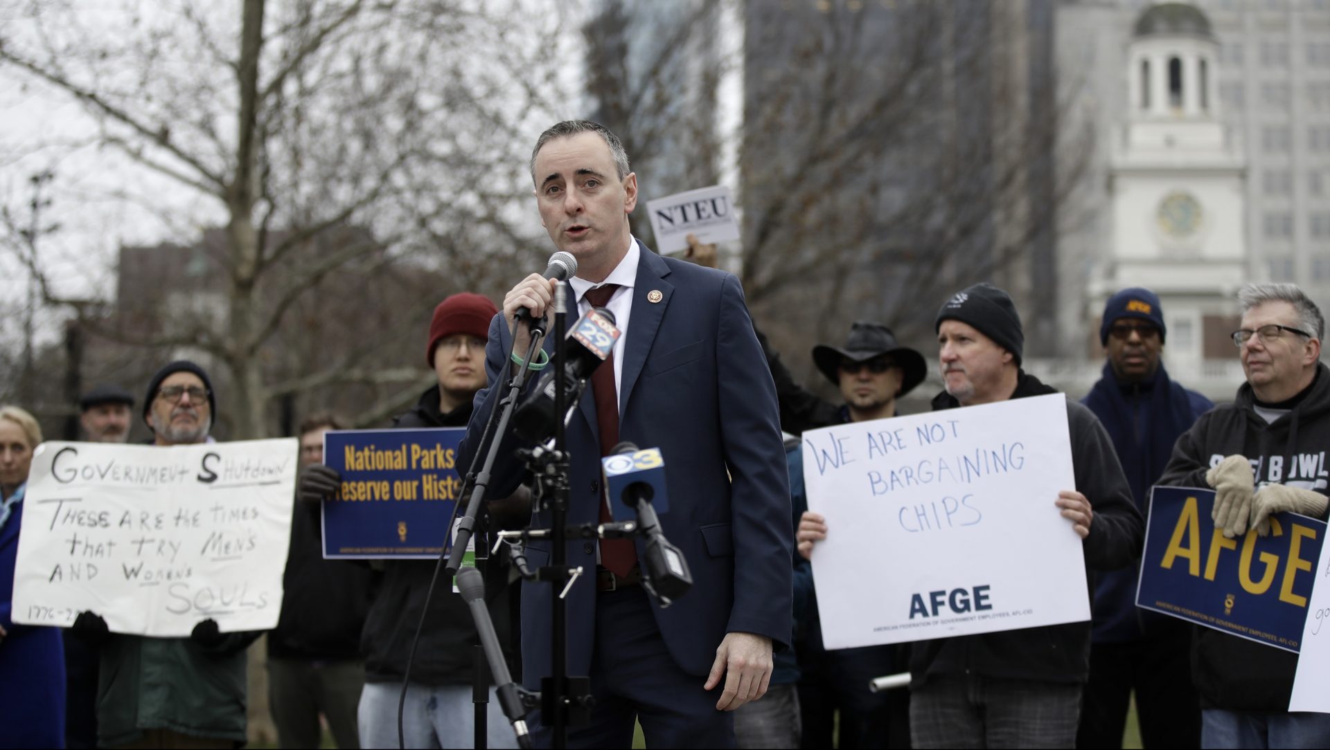 FILE PHOTO: Rep. Brian Fitzpatrick, R-Pa., speaks during a demonstration against the partial government shutdown in view of Independence Hall in Philadelphia, Tuesday, Jan. 8, 2019.