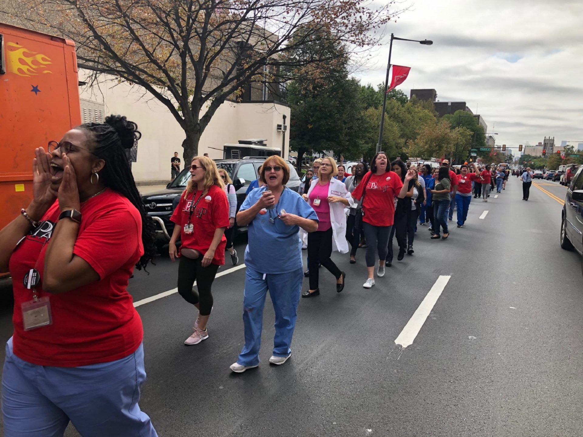 Hundreds of workers took to Broad Street outside of Temple University Hospital on Tuesday afternoon. 