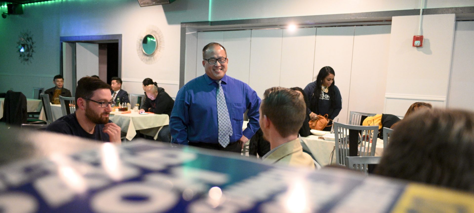 Results are coming in at a watch party for Incumbent Councilman at-large Republican David Oh, at Dimensions Sports Bar, in NorthEast Philadelphia, PA on November 5, 2019.