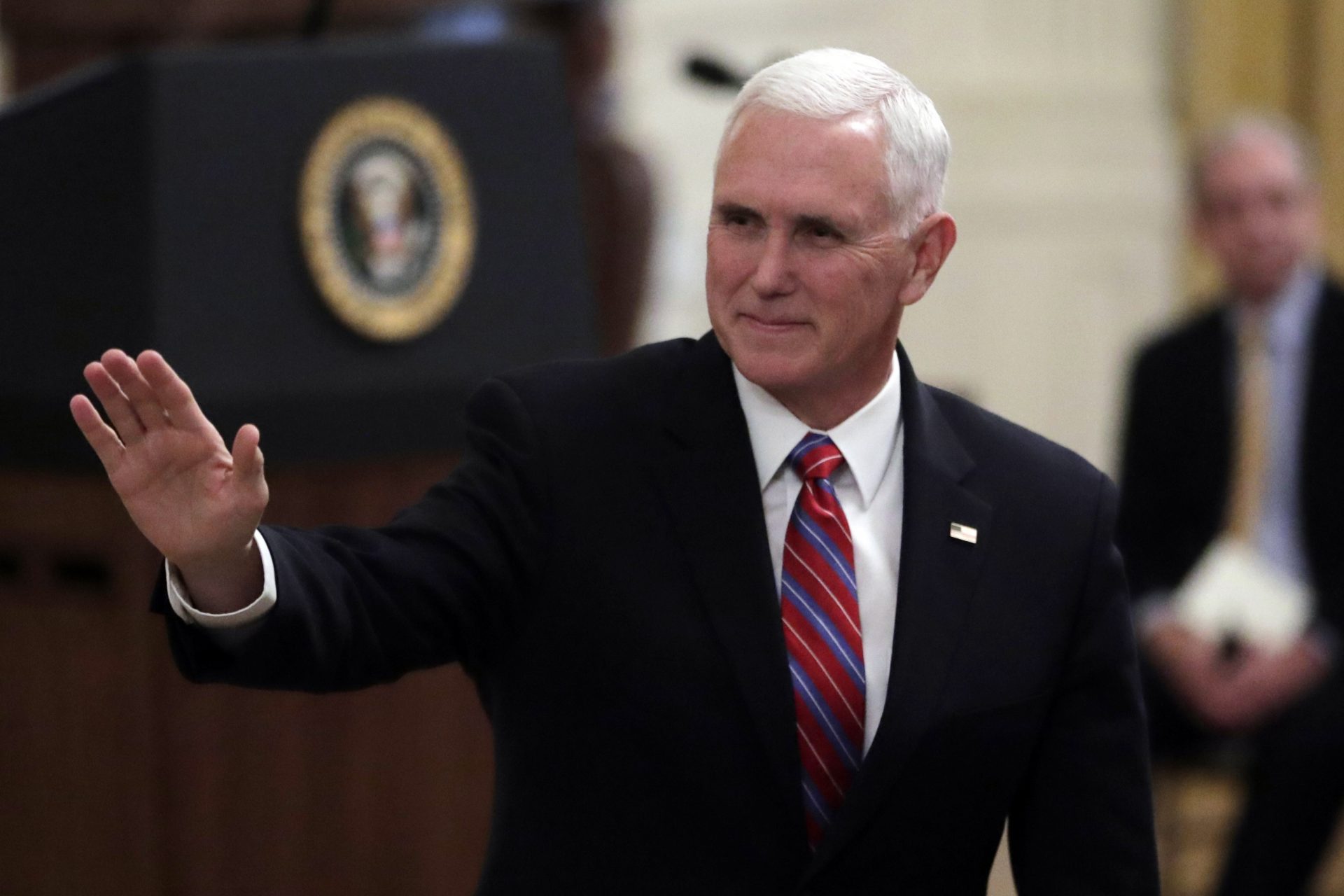 Vice President Mike Pence greets attendees prior to a National Medal of Arts and National Humanities Medal ceremony in the East Room of the White House, Thursday, Nov. 21, 2019, in Washington.