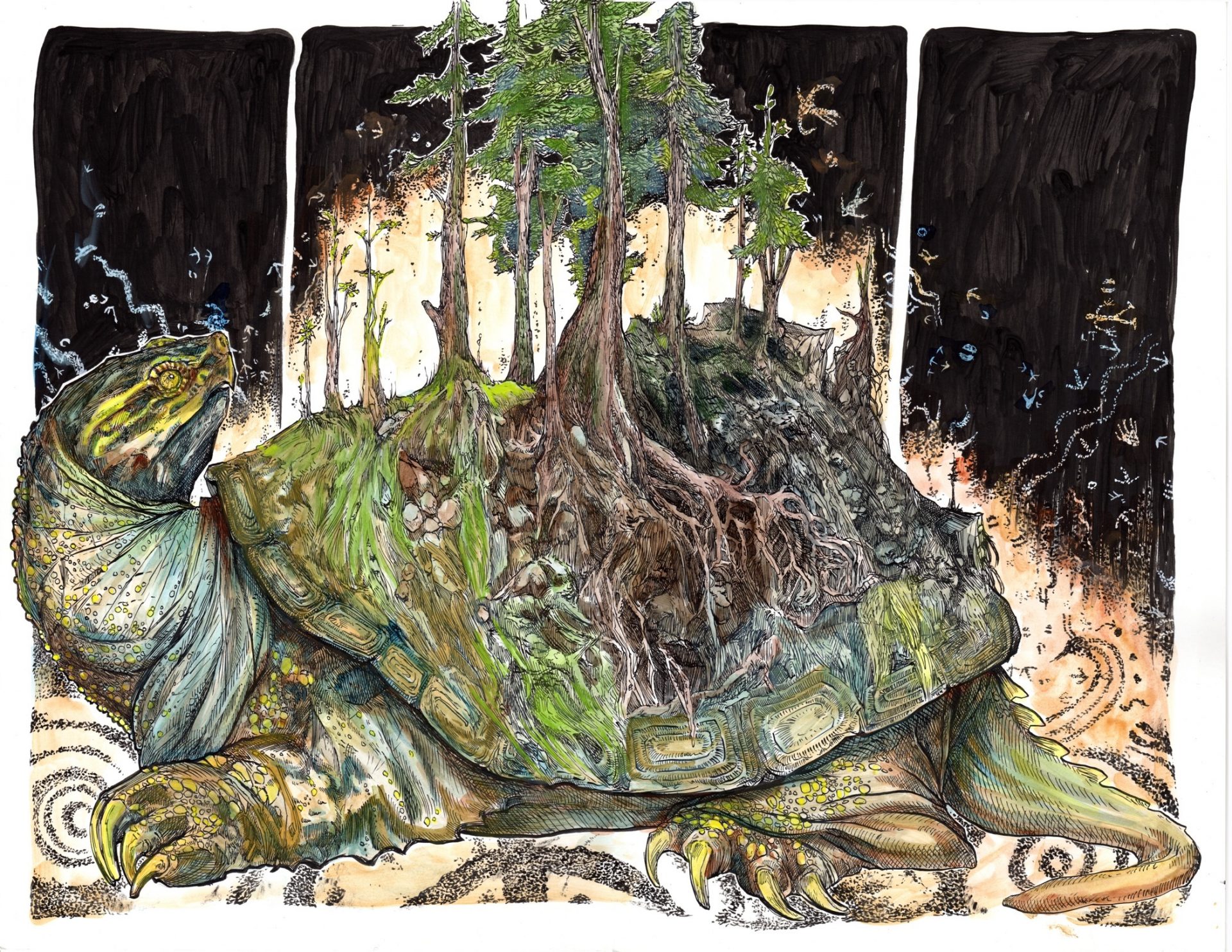 The graphic novel "Ghost River" opens with a Native American origin story, depicting how the Earth first formed on the back of a turtle who rose to the surface of the water to warm himself in the sun. 