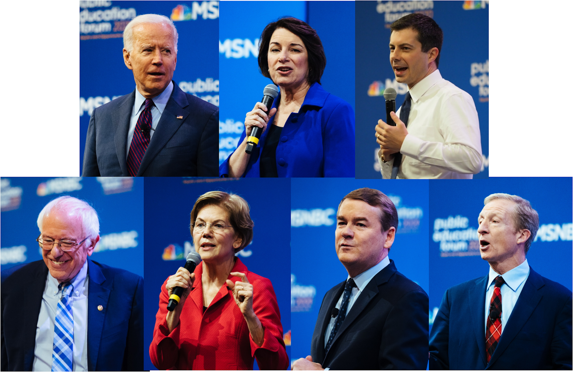 The candidates who participated in the education forum included (clockwise from top left): Joe Biden, Amy Klobuchar, Pete Buttigieg, Bernie Sanders, Elizabeth Warren, Michael Bennet, and Tom Steyer.