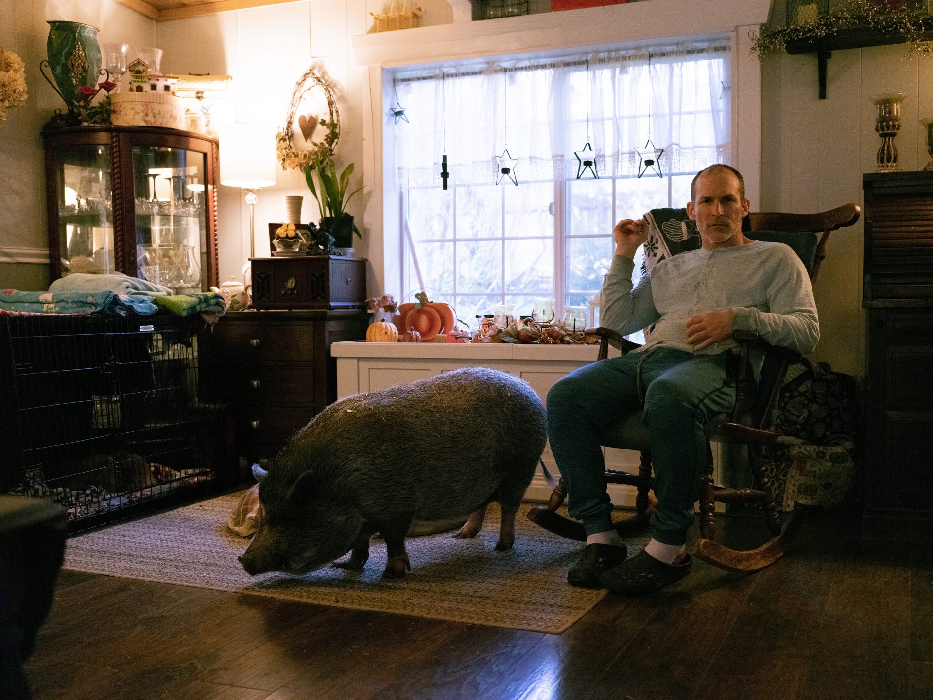 Chuck at home with Rosebud, his mother's pet pig.