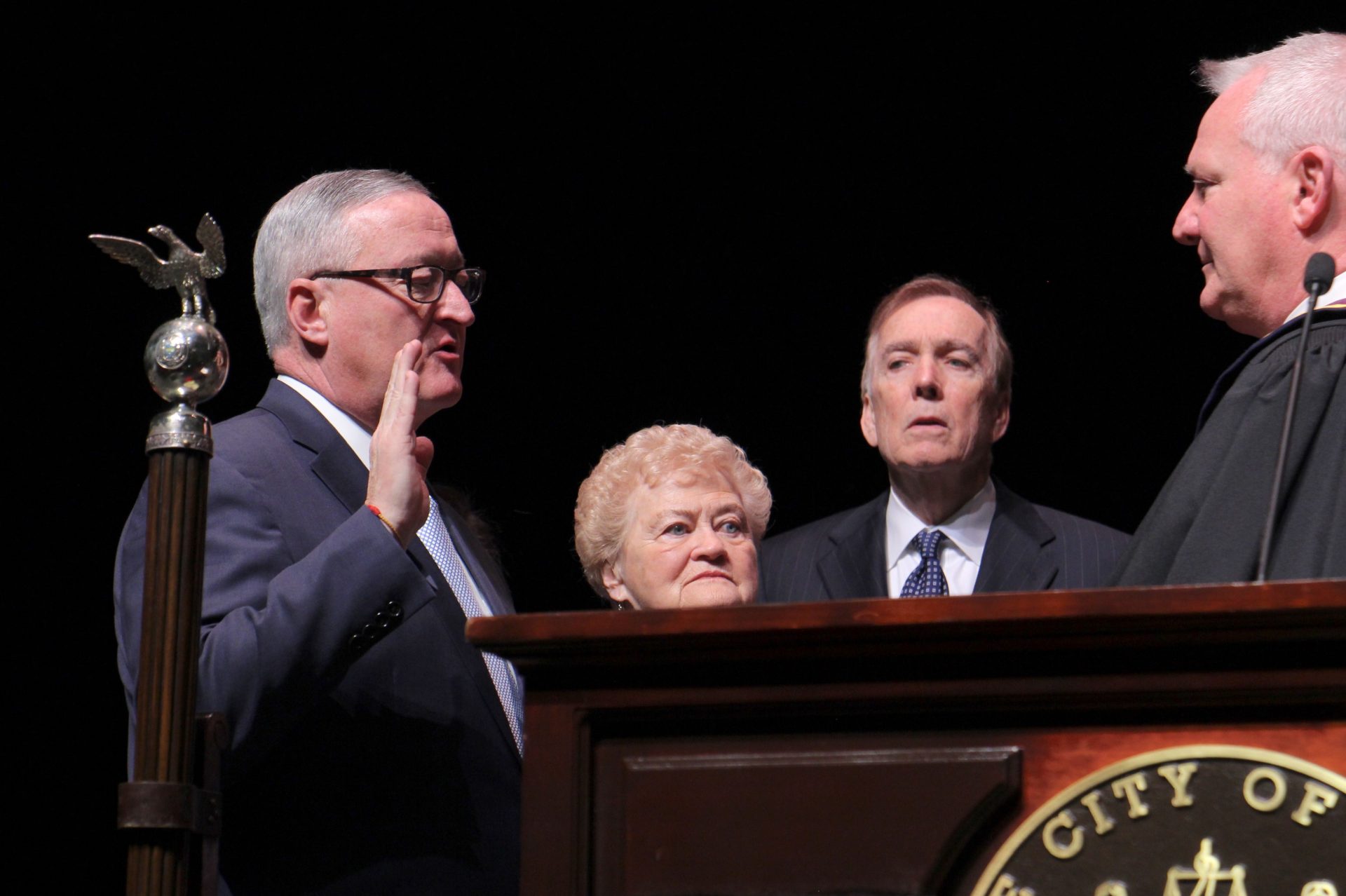 Mayor Jim Kenney is sworn in to his second term, flanked by his mother, Barbara.