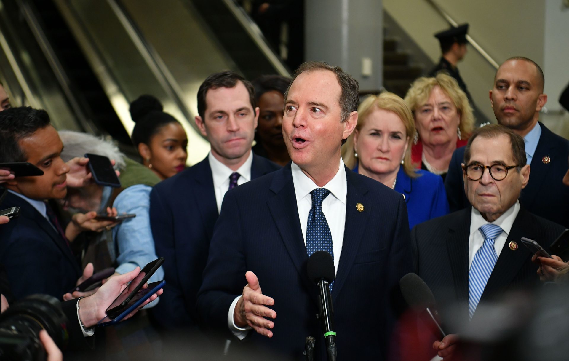 Lead House manager Adam Schiff speaks to the press at the U.S. Capitol on Wednesday ahead of the second day of President Trump's impeachment trial.