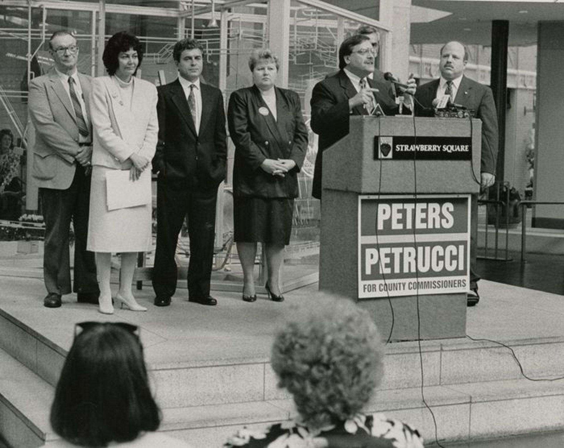 Mayor Reed speaks at a press conference about Dauphin County Democratic Party unity in Strawberry Square, October 1991.