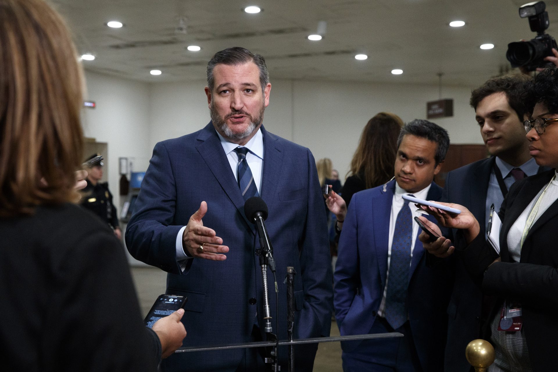 Sen. Ted Cruz, R-Texas, speaks to the media during a break in the impeachment trial of President Donald Trump on charges of abuse of power and obstruction of Congress, Thursday, Jan. 23, 2020, on Capitol Hill in Washington.