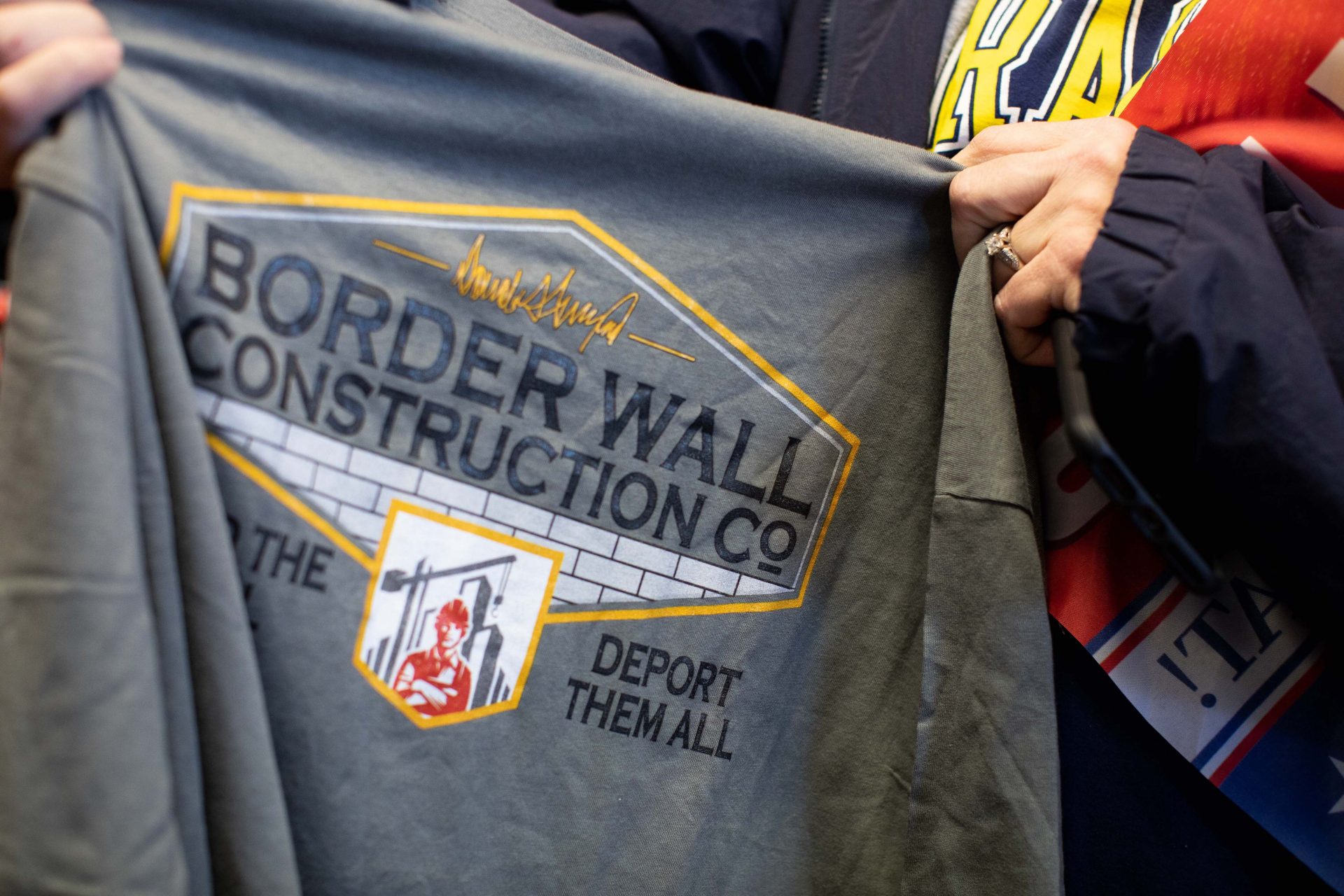 Many shoppers expressed support for the construction of the wall at the U.S.-Mexico border, as this t-shirt for a "Border Wall Construction Co." shows.