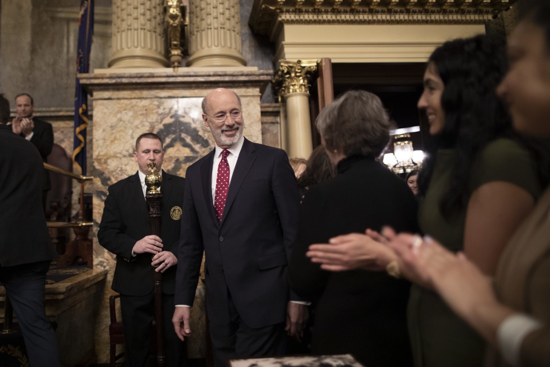 Governor Tom Wolf arrives at the Capitol to deliver his 2020-21 budget address on Tuesday, February 4, 2019.