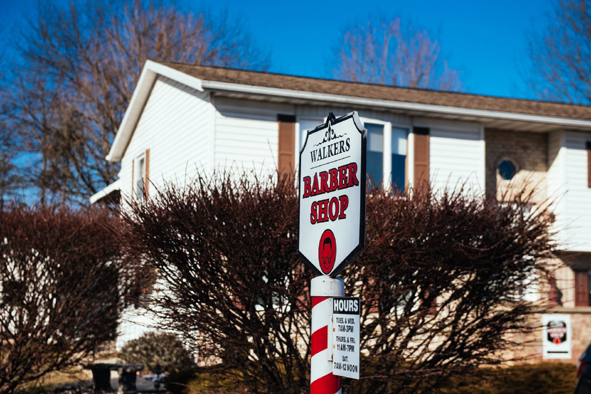 The exterior of Walker’s Barber Shop in Chambersburg, Pa.