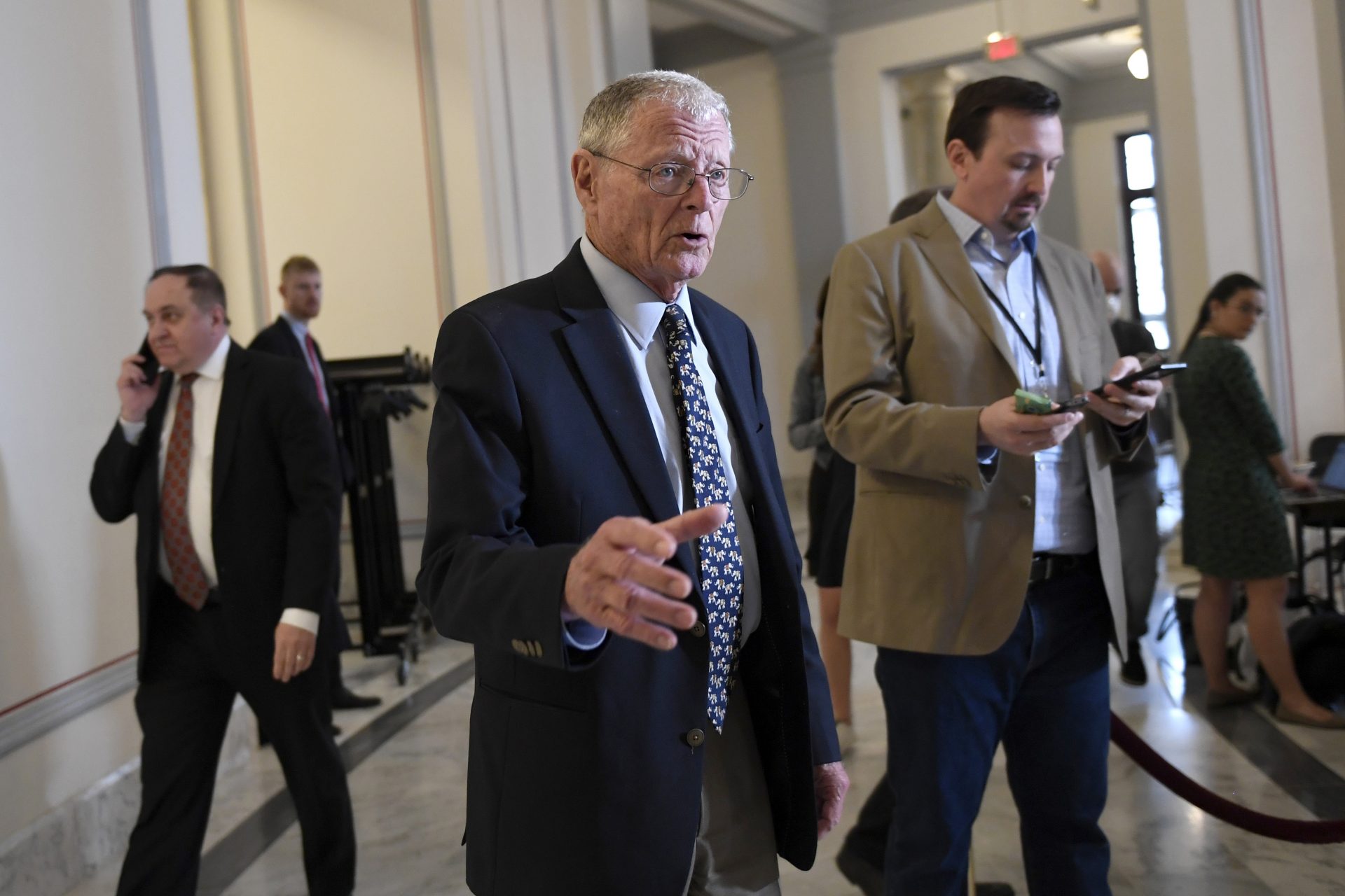 Sen. Jim Inhofe, R-Okla., talks to reporters before attending a Republican policy lunch on Capitol Hill in Washington, Friday, March 20, 2020.