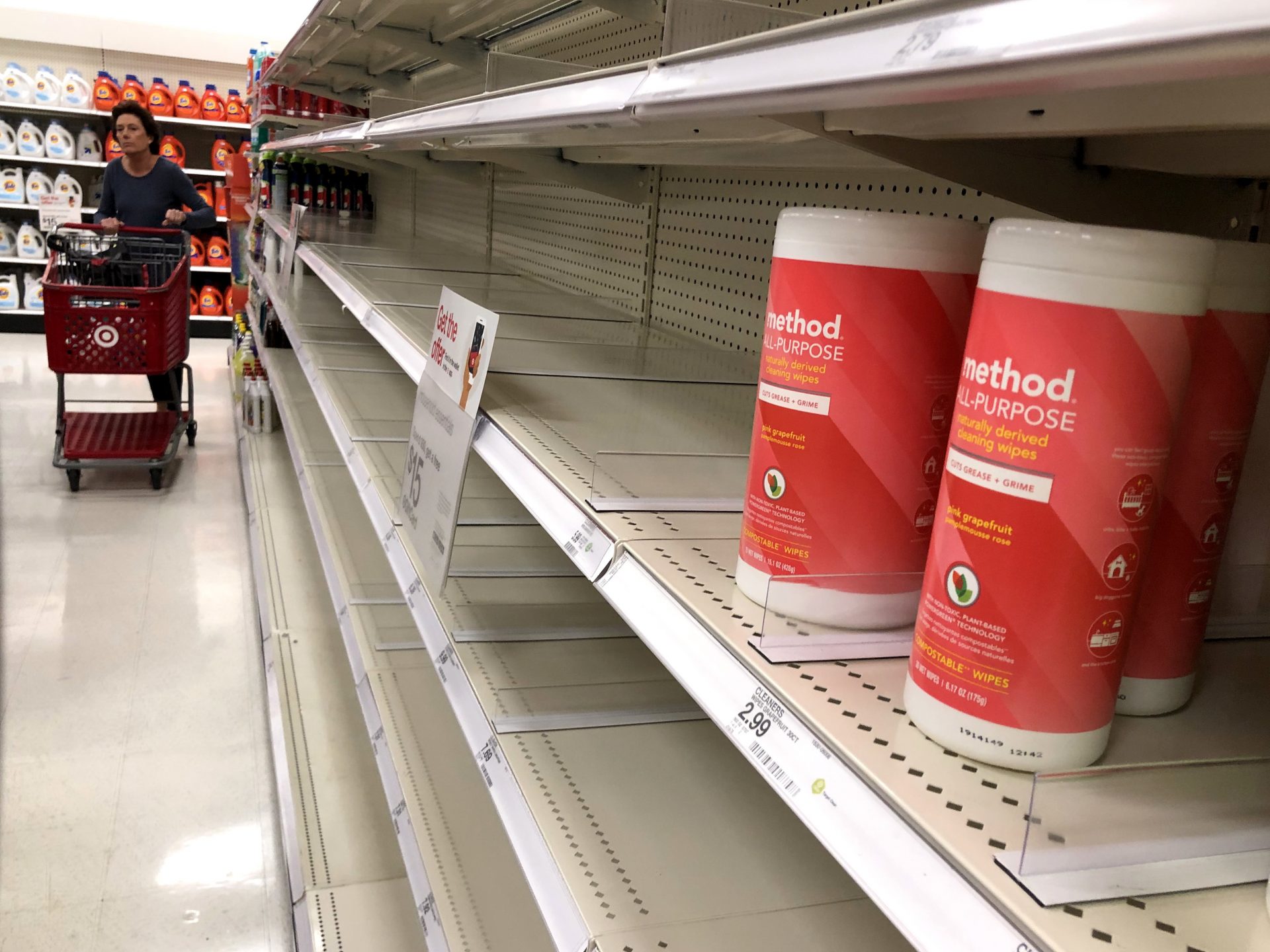 Fears of the virus have prompted shoppers to stock up on sanitizing options, leaving  shelves of disinfectant wipes nearly empty at a Target store in Novato, Calif.
