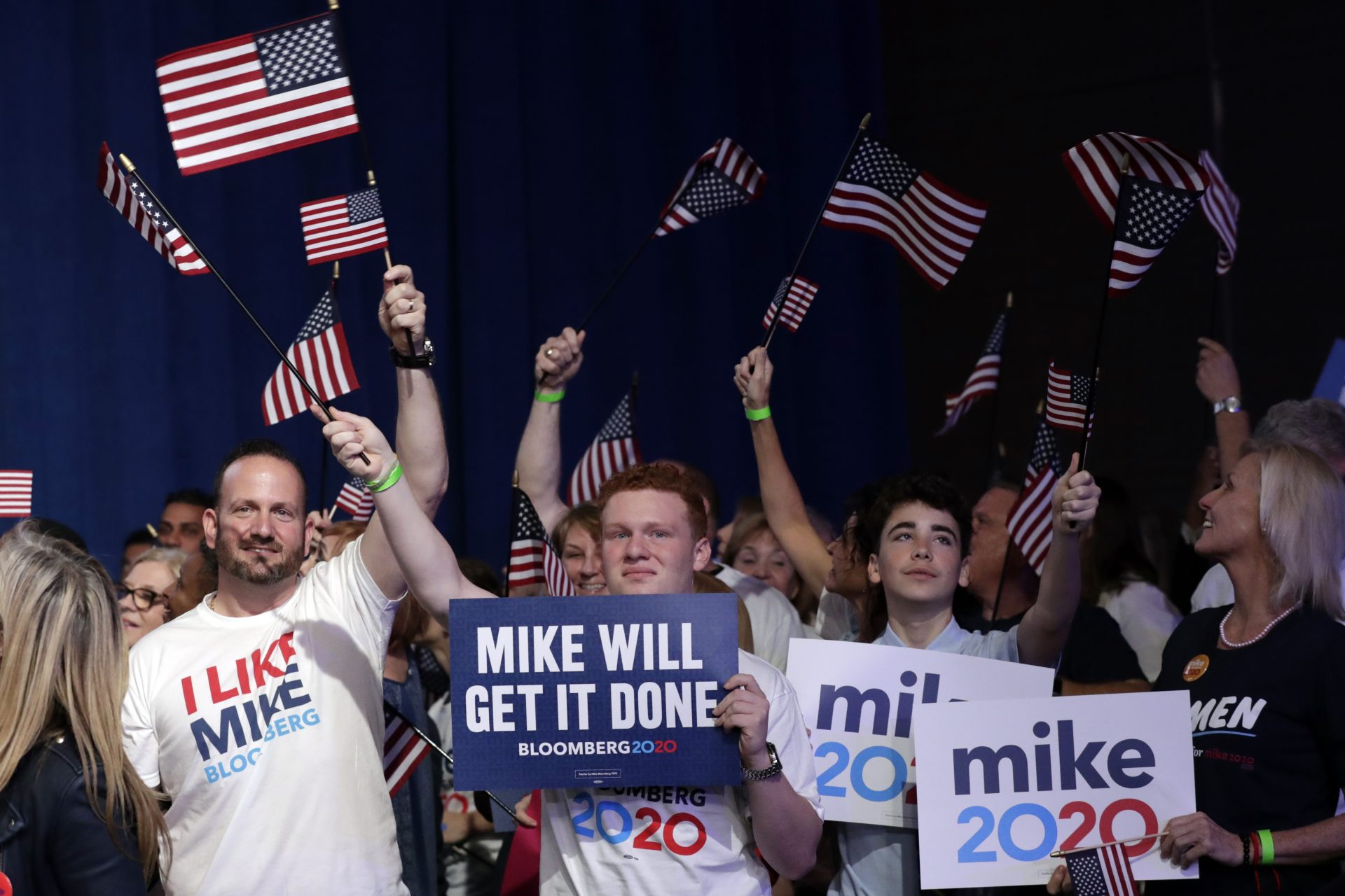 Supporters of Democratic presidential candidate former New York City Mayor Mike Bloomberg attend a primary election night campaign rally Tuesday, March 3, 2020, in West Palm Beach, Fla.