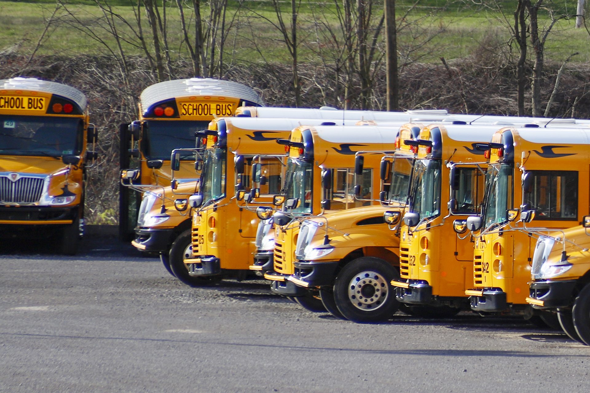 School buses are parked at a depot Thursday, April 9, 2020, in Zelienople, Pa. Pennsylvania Gov. Tom Wolf said Thursday that schools will remain shuttered for the rest of the academic year because of the coronavirus pandemic.