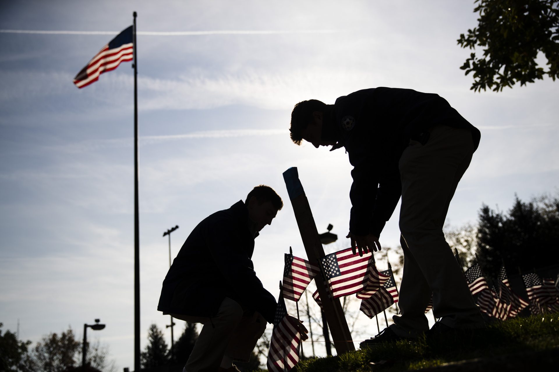 American flags are posted in the ground ahead of a Veterans Day ceremony at the Vietnam War Memorial in Philadelphia, Monday, Nov. 11, 2019.