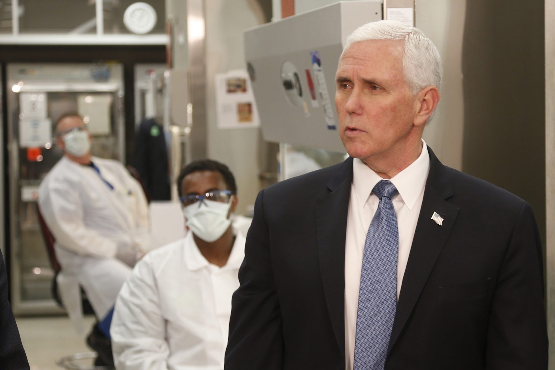 Vice President Mike Pence visits the molecular testing lab at Mayo Clinic Tuesday, April 28, 2020, in Rochester, Minn., where he toured the facilities supporting COVID-19 research and treatment. Pence chose not to wear a face mask while touring the Mayo Clinic in Minnesota. It's an apparent violation of the world-renowned medical center's policy requiring them.