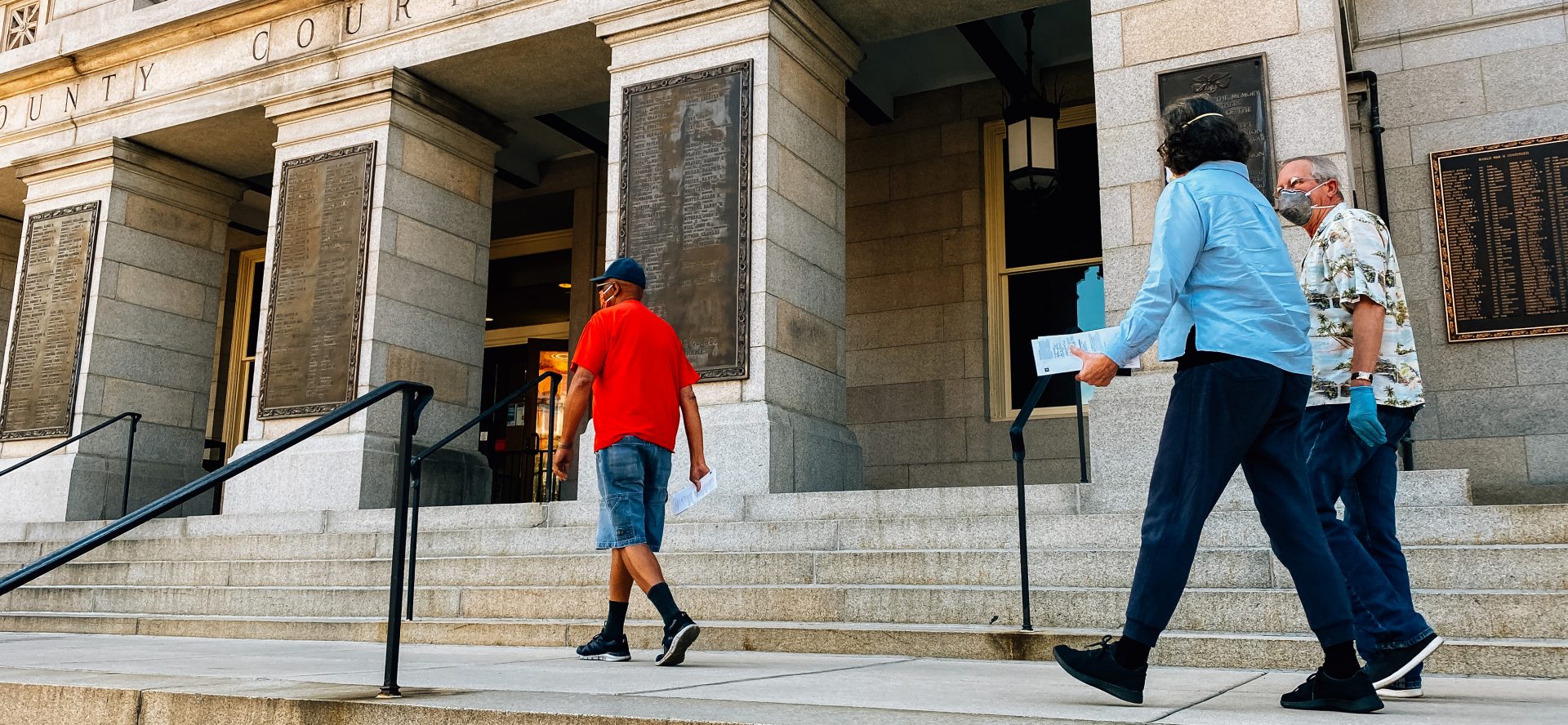Voters walk along the steps of the York County Courthouse on June 1, 2020, to deposit their ballots in a drop box ahead of the Pennsylvania primary.