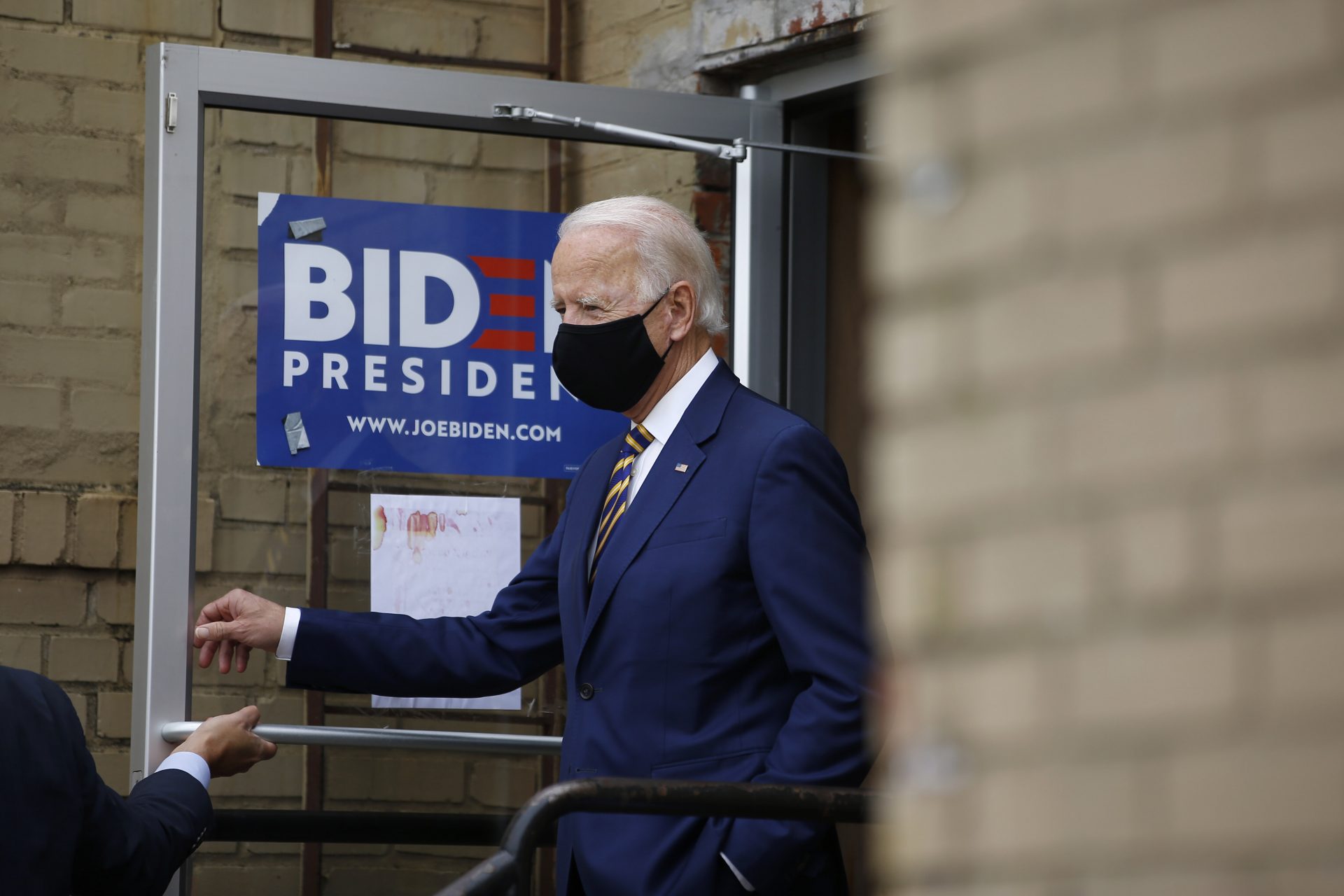 Democratic presidential candidate, former Vice President Joe Biden arrives at Carlette's Hideaway, a soul food restaurant, to speak with small business owners, Wednesday, June 17, 2020, in Yeadon, Pa.