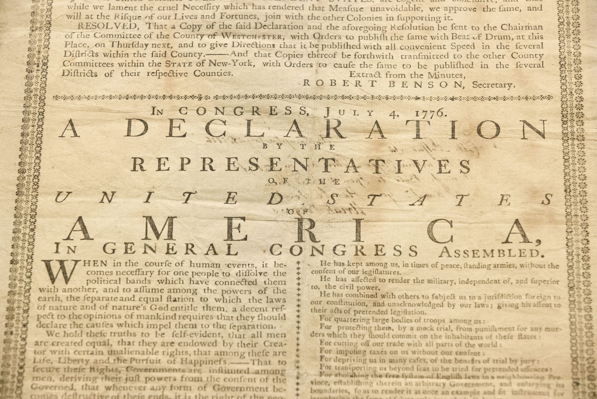 In this Monday, June 17, 2019 photo, shown is Holly Metcalf Kinyon's 1776 broadside printing of the Declaration of Independence at the Museum of the American Revolution in Philadelphia. Metcalf Kinyon, a descendent of Declaration signer John Witherspoon, has lent her document to the museum to be displayed from June 18 to the end of the year.