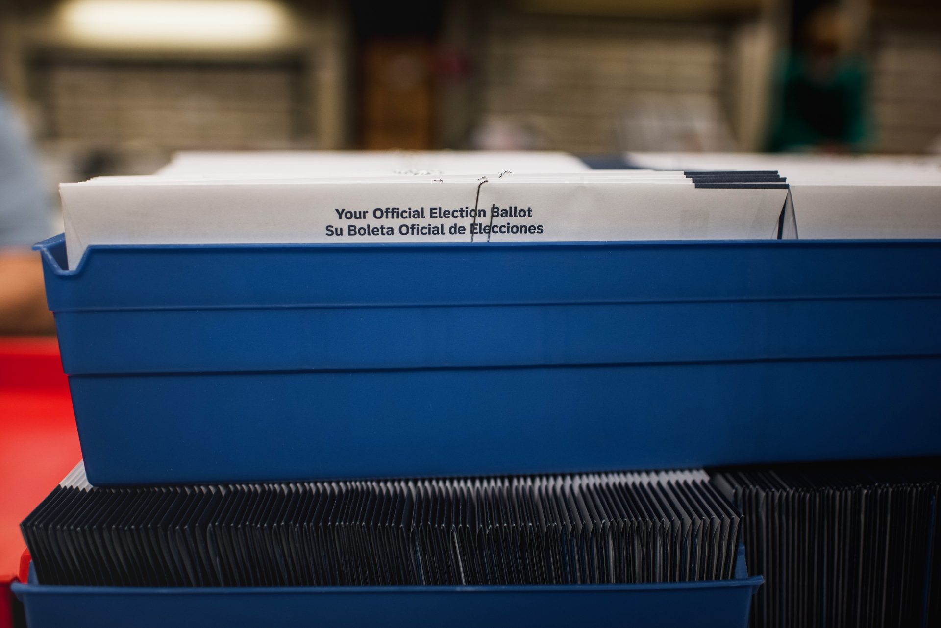 Election ballots sit in a bin at the Voter Registration office in the Lehigh County Government Center in Allentown, PA., on Tuesday, September 15, 2020. 
