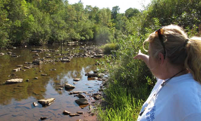 Laurie Barr points to an abandoned well located in the middle of a McKean County stream