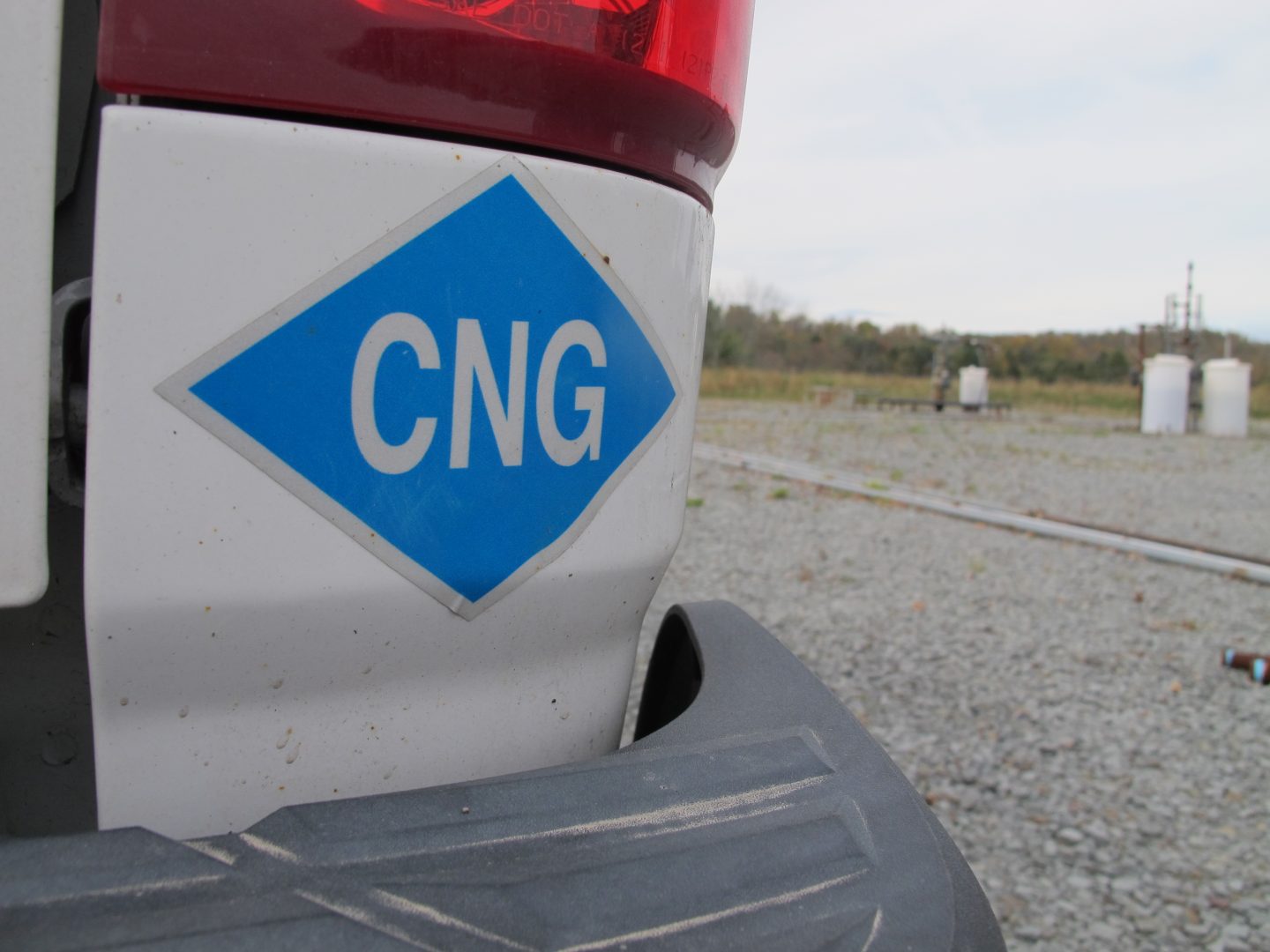 A pickup truck that runs on compressed natural gas (CNG).