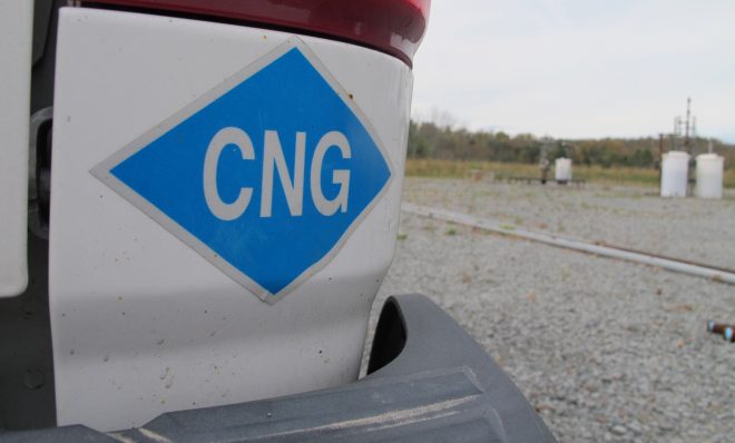 A pickup truck that runs on compressed natural gas (CNG).