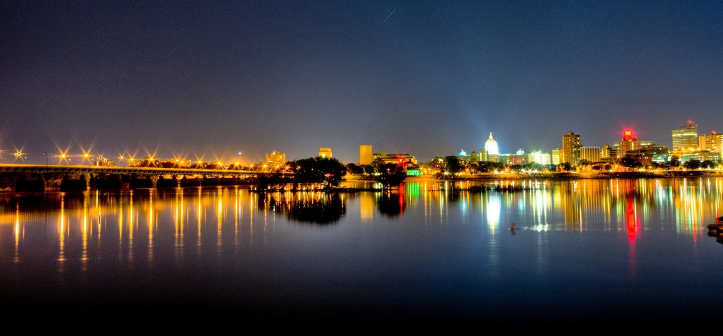 The city of Harrisburg at night.