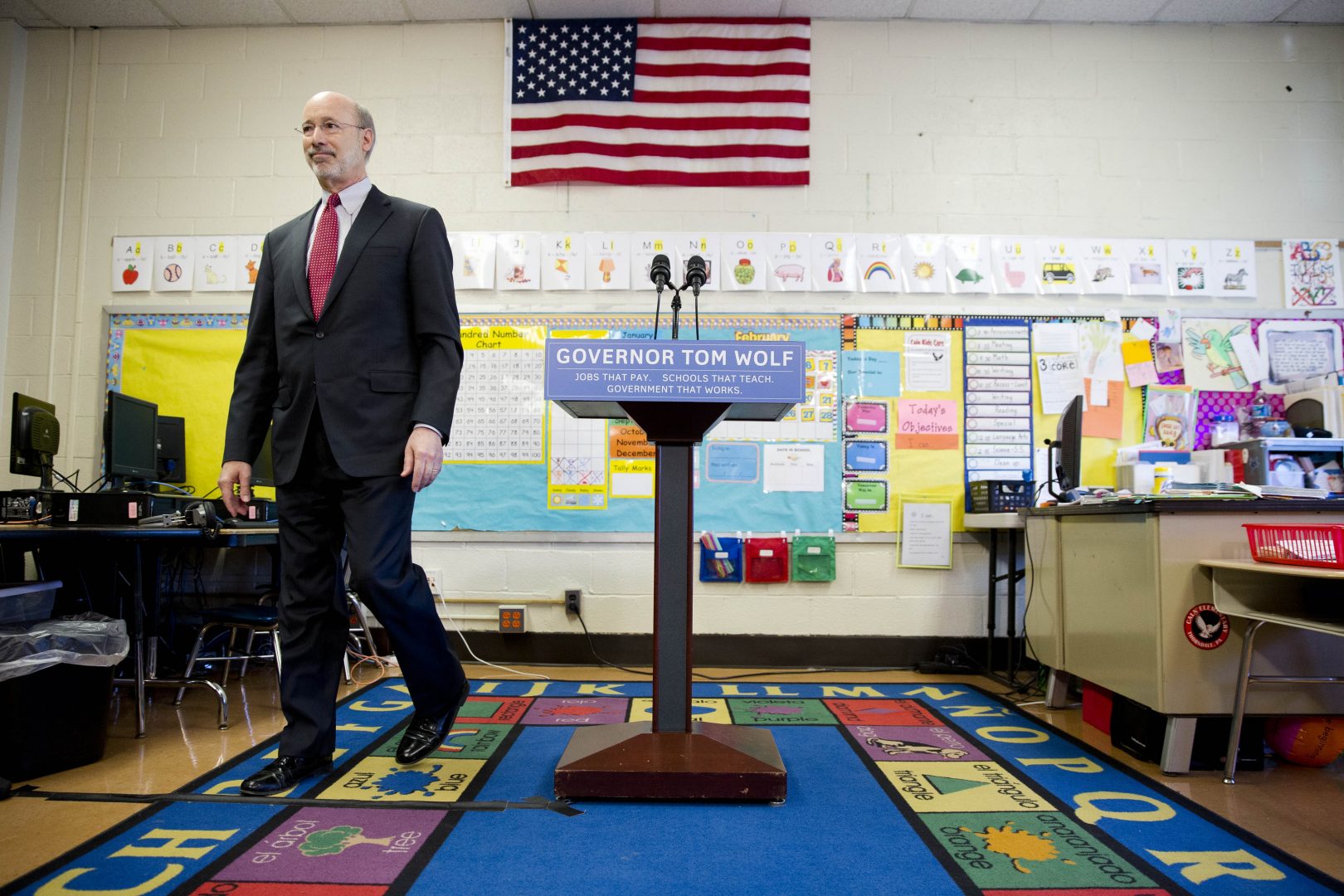 FILE PHOTO: Gov. Wolf steps away from the podium at the end of a news conference at Caln Elementary School Wednesday, Feb. 11, 2015, in Thorndale, Pa. 