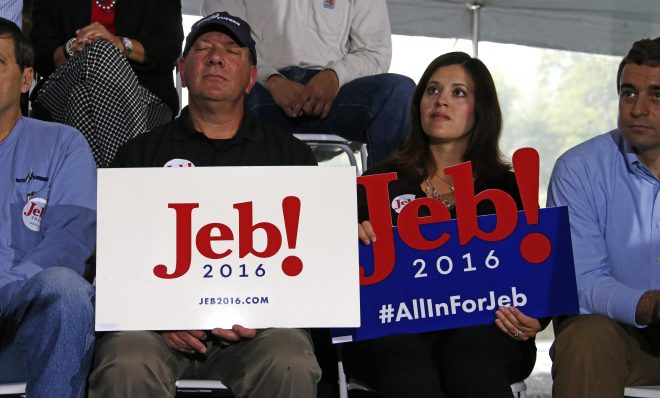 Jeb Bush supporters listen as the  Republican presidential candidate, former Florida Gov. Jeb Bush to outline his energy policy during a visit to Rice Energy, an oil and gas company based in Canonsburg, Pa., Tuesday, Sept. 29, 2015. 