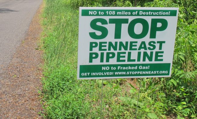 A yard sign opposing the planned PennEast pipeline. New Jersey officials said they need much more information before making a decision on permits.