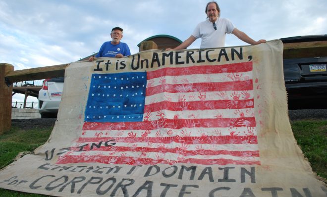 Roy Christman (left) and William Kellner, protested plans to build the PennEast natural gas pipeline at a FERC 'listening session' near Jim Thorpe, Pa. in 2016. FERC has now approved the project.
