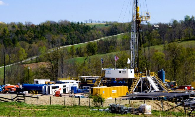 This 2017 file photo shows a Chesapeake Energy natural gas well site in Bradford County, Pa.