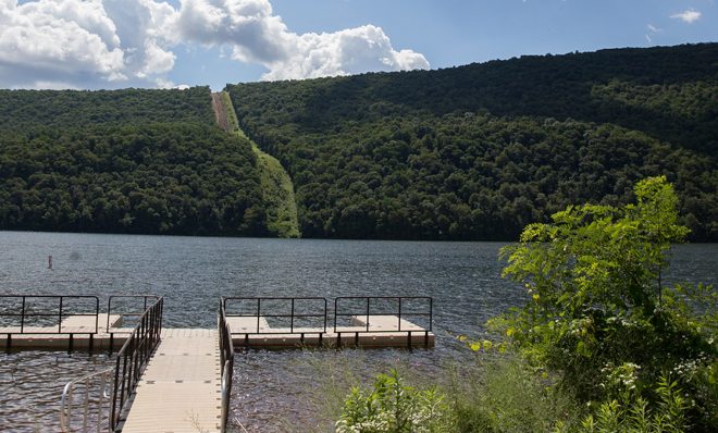 In the distance, construction of the Mariner East 2 pipeline at Raystown Lake Recreation Area in Huntingdon County, Pennsylvania. 